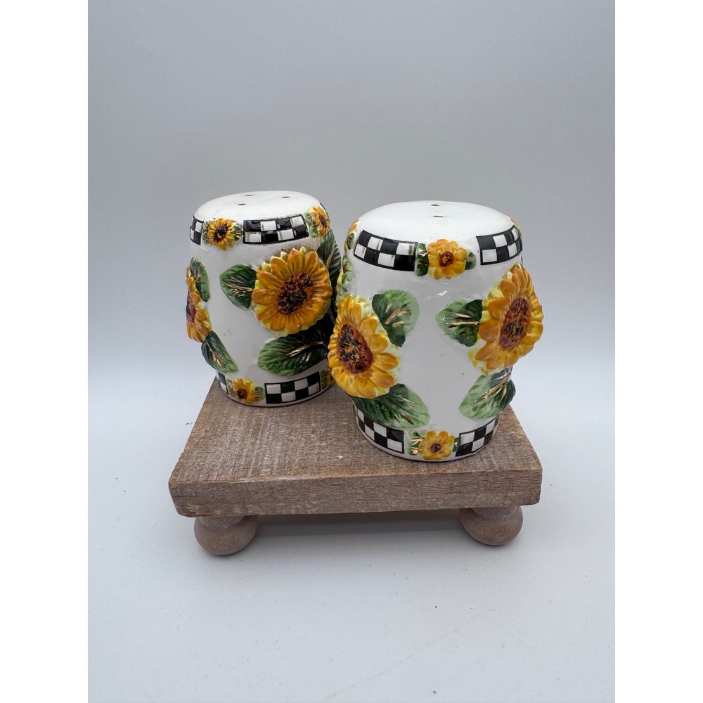 KMC Sunflower Salt and Pepper Shakers Set Ceramic Checkered Farmhouse Decor